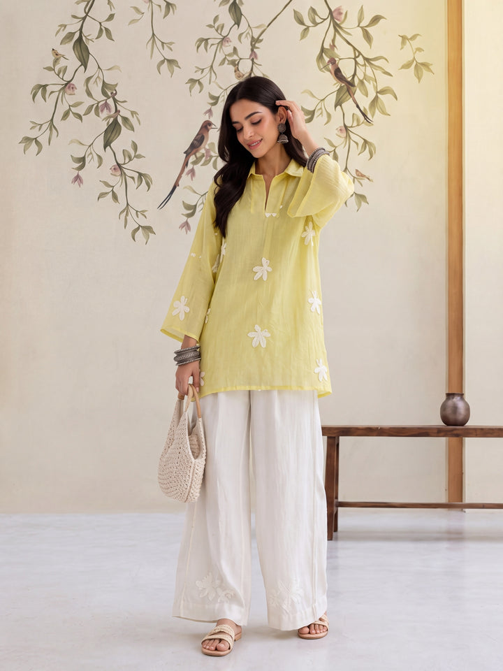 Yellow Pure Silk Chanderi Floral Applique Top