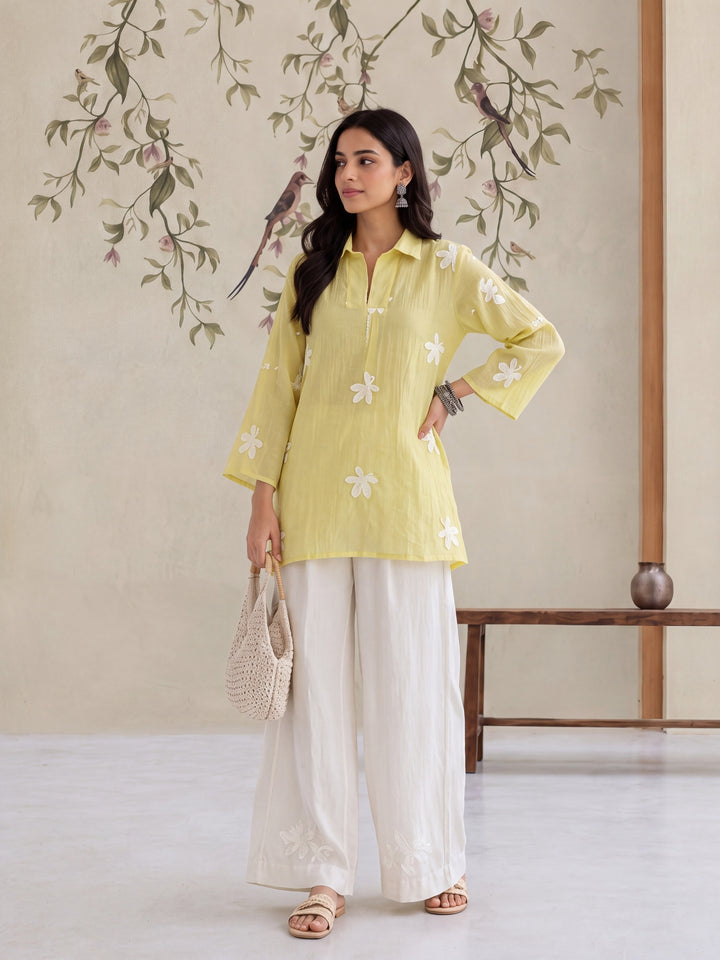 Yellow Pure Silk Chanderi Floral Applique Top