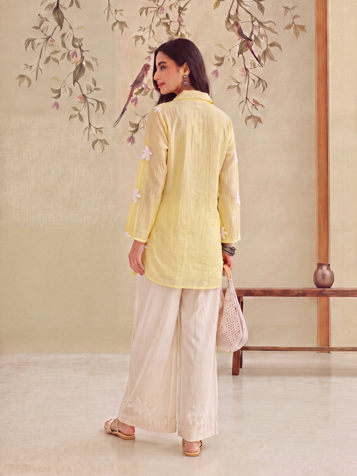 Yellow Pure Silk Chanderi Floral Applique Top