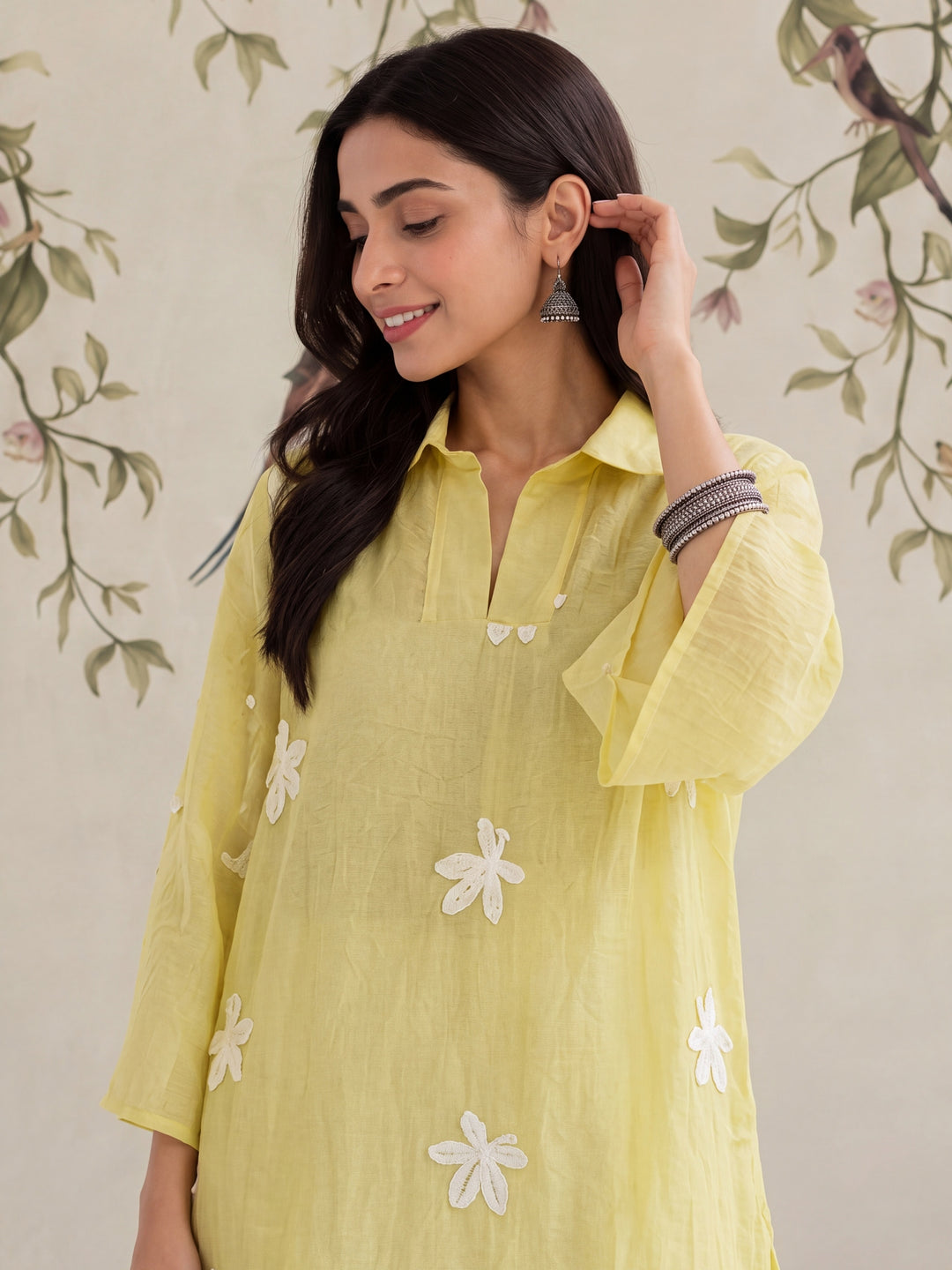 Yellow Pure Silk Chanderi Floral Applique Top