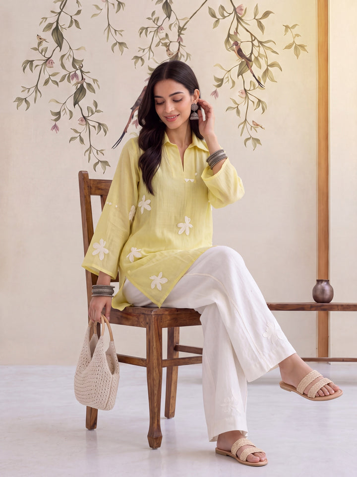 Yellow Pure Silk Chanderi Floral Applique Top
