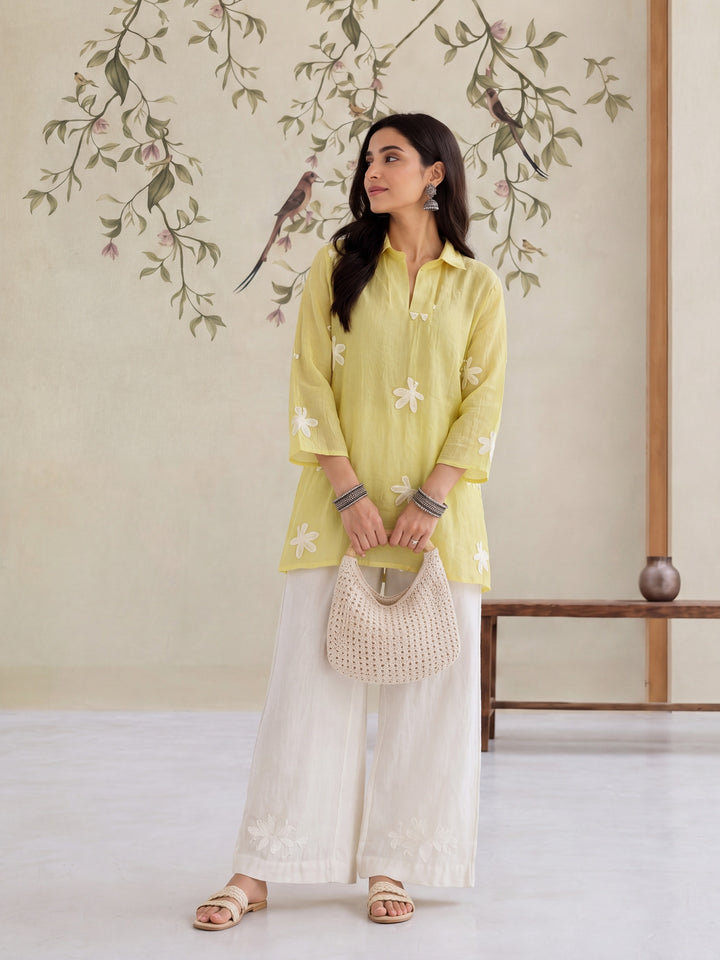 Yellow Pure Silk Chanderi Floral Applique Top
