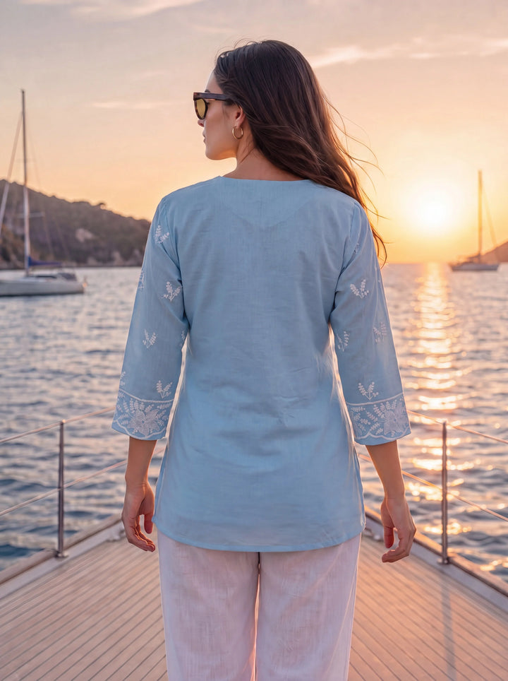 Sky Blue Cotton Lucknowi Top