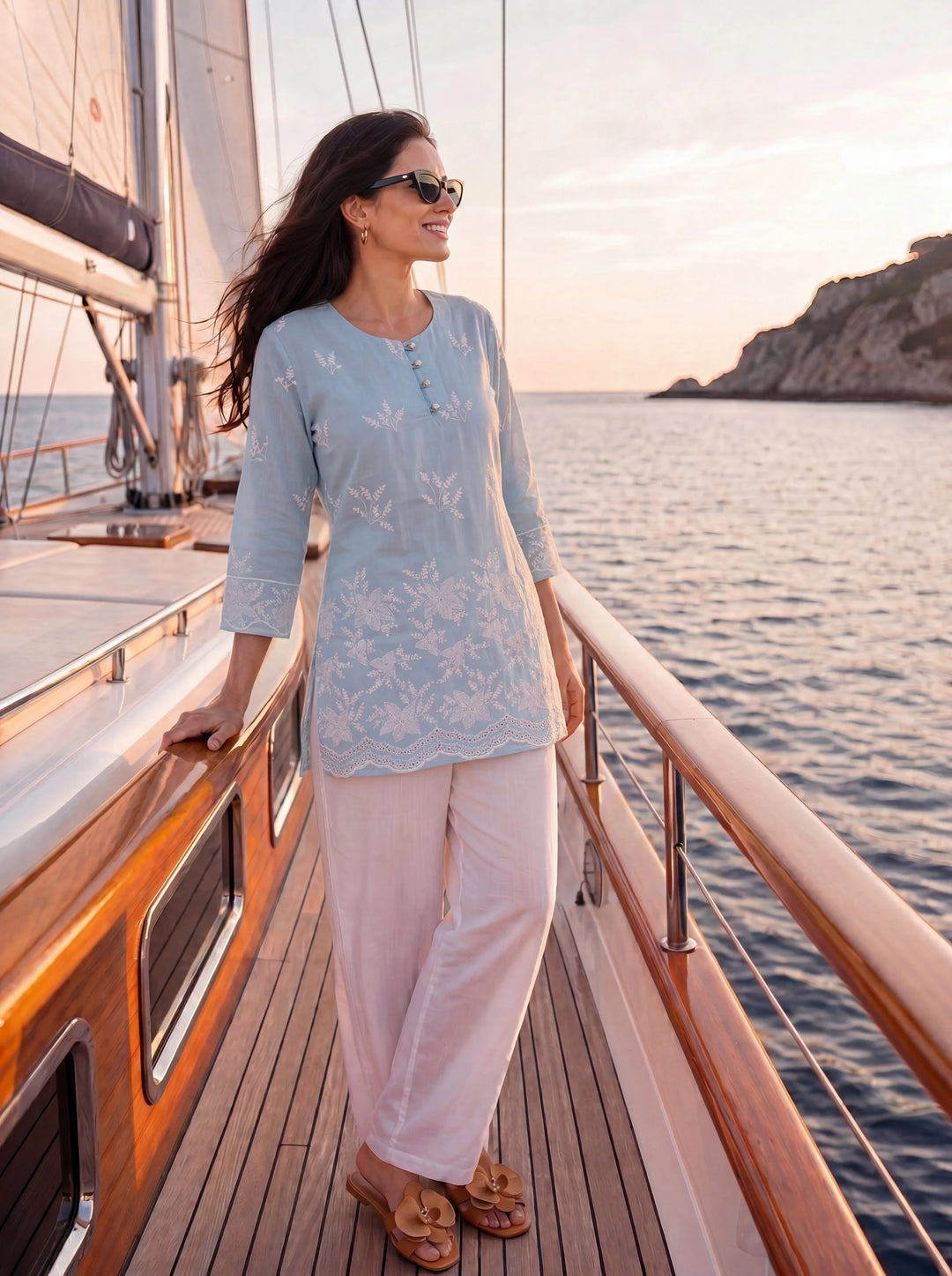 Sky Blue Cotton Lucknowi Top