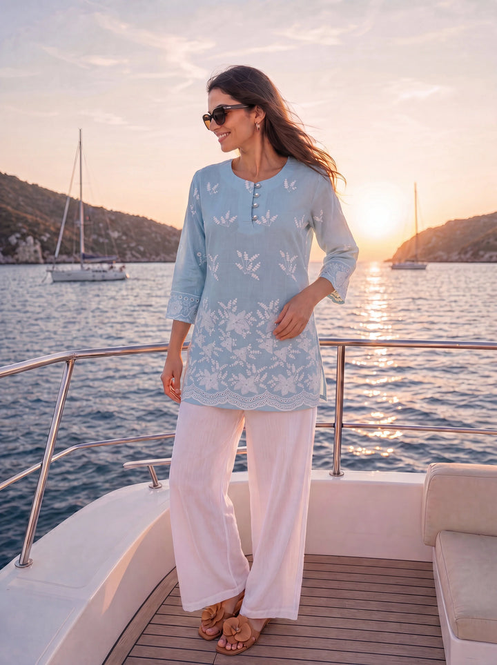 Sky Blue Cotton Lucknowi Top