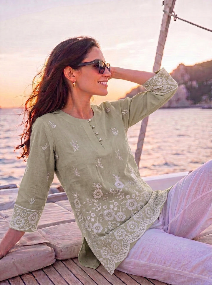 Green Cotton Lucknowi Top