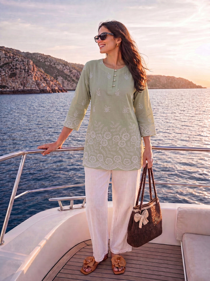 Green Cotton Lucknowi Top