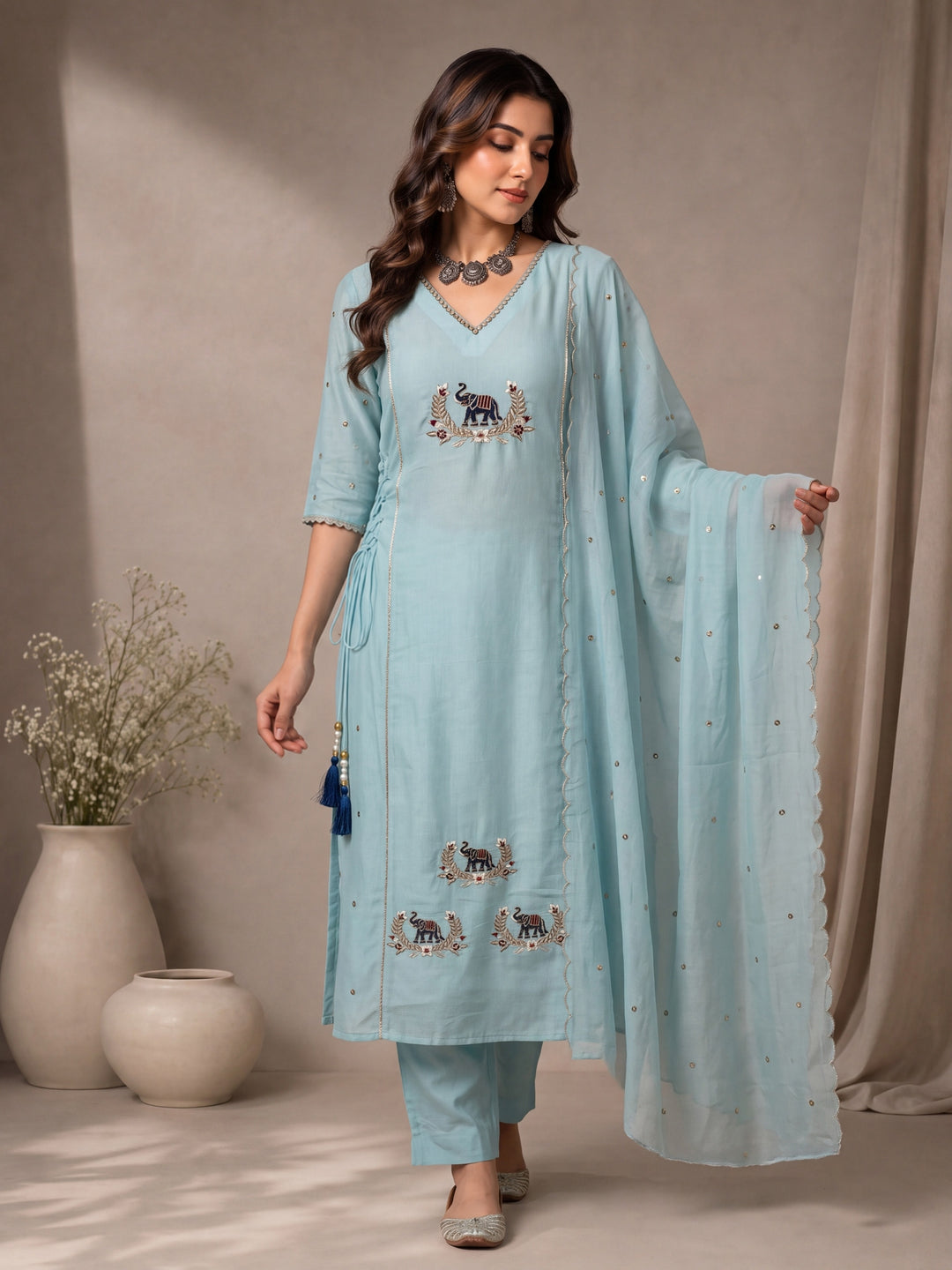 Sky Blue Mul Chanderi A-Line Kurta Pant Dupatta Set