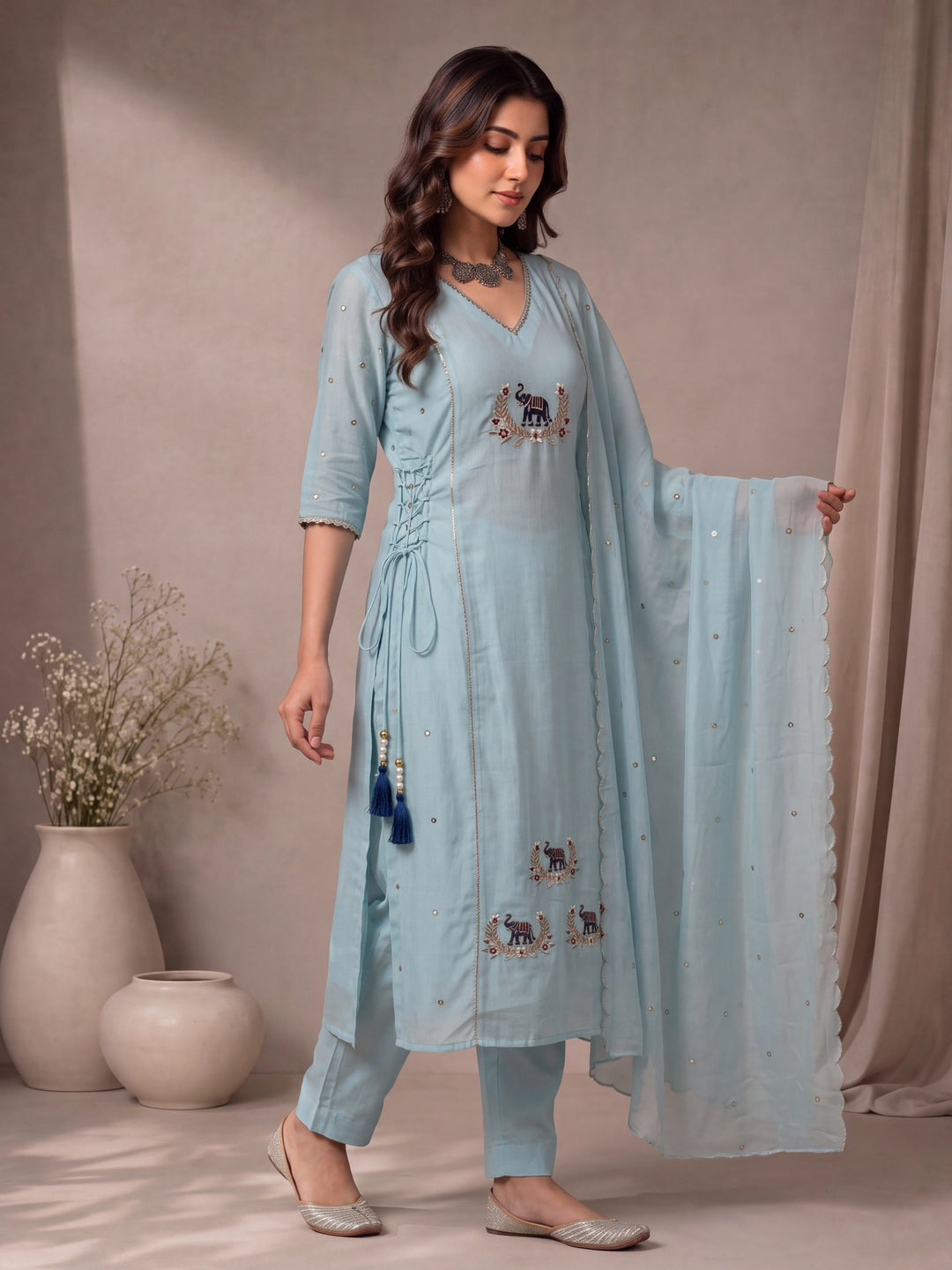 Sky Blue Mul Chanderi A-Line Kurta Pant Dupatta Set