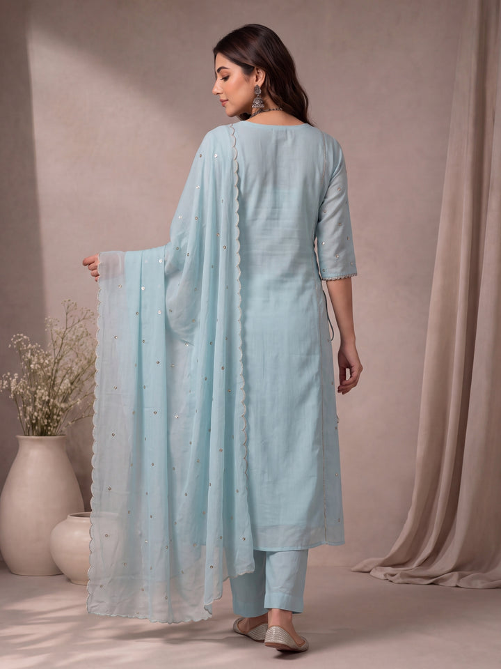 Sky Blue Mul Chanderi A-Line Kurta Pant Dupatta Set