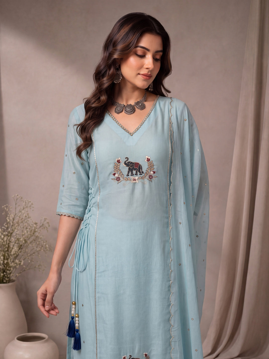 Sky Blue Mul Chanderi A-Line Kurta Pant Dupatta Set