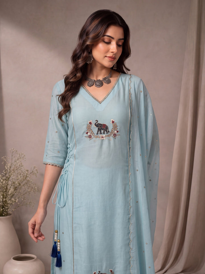 Sky Blue Mul Chanderi A-Line Kurta Pant Dupatta Set