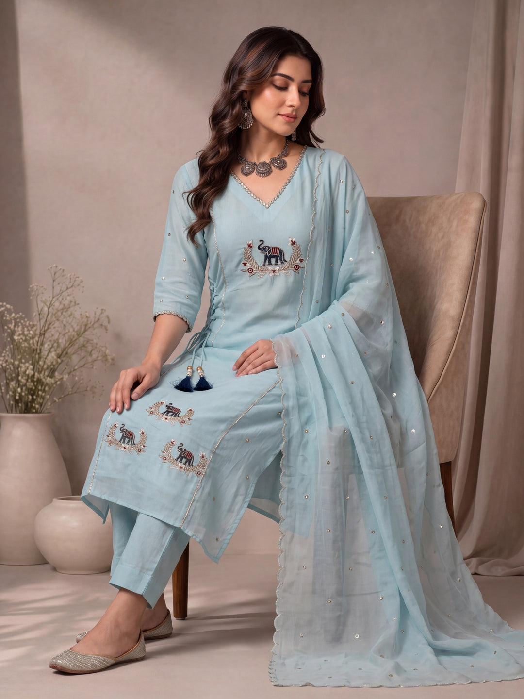 Sky Blue Mul Chanderi A-Line Kurta Pant Dupatta Set