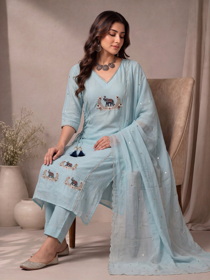 Sky Blue Mul Chanderi A-Line Kurta Pant Dupatta Set