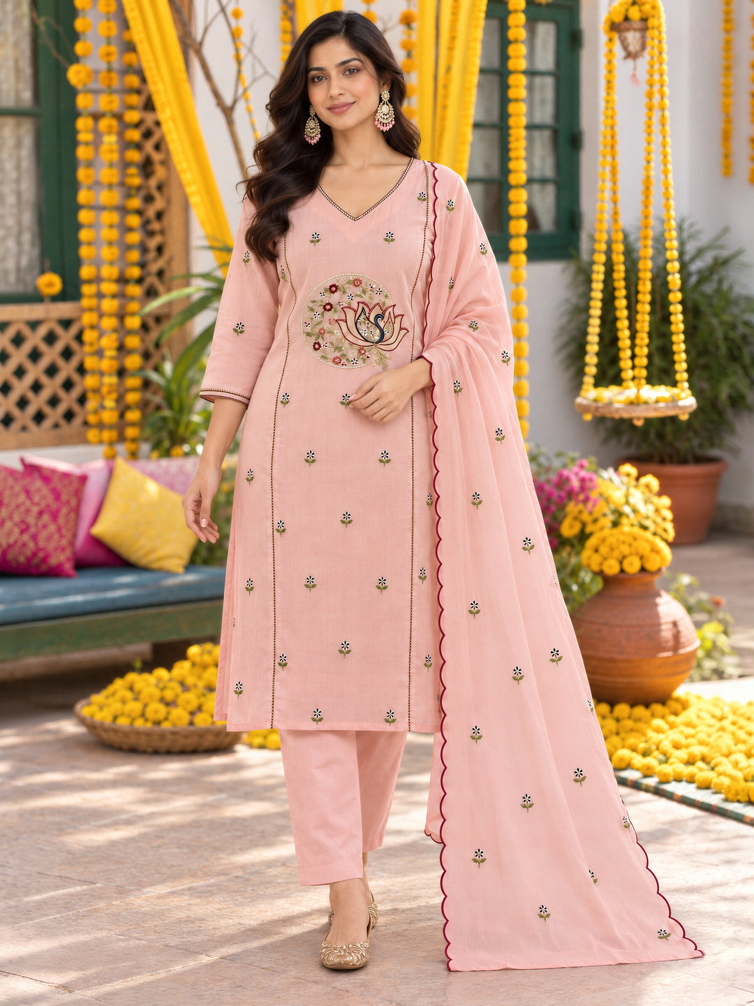 Peach Mul Chanderi Flared Kurta Pant Dupatta Set