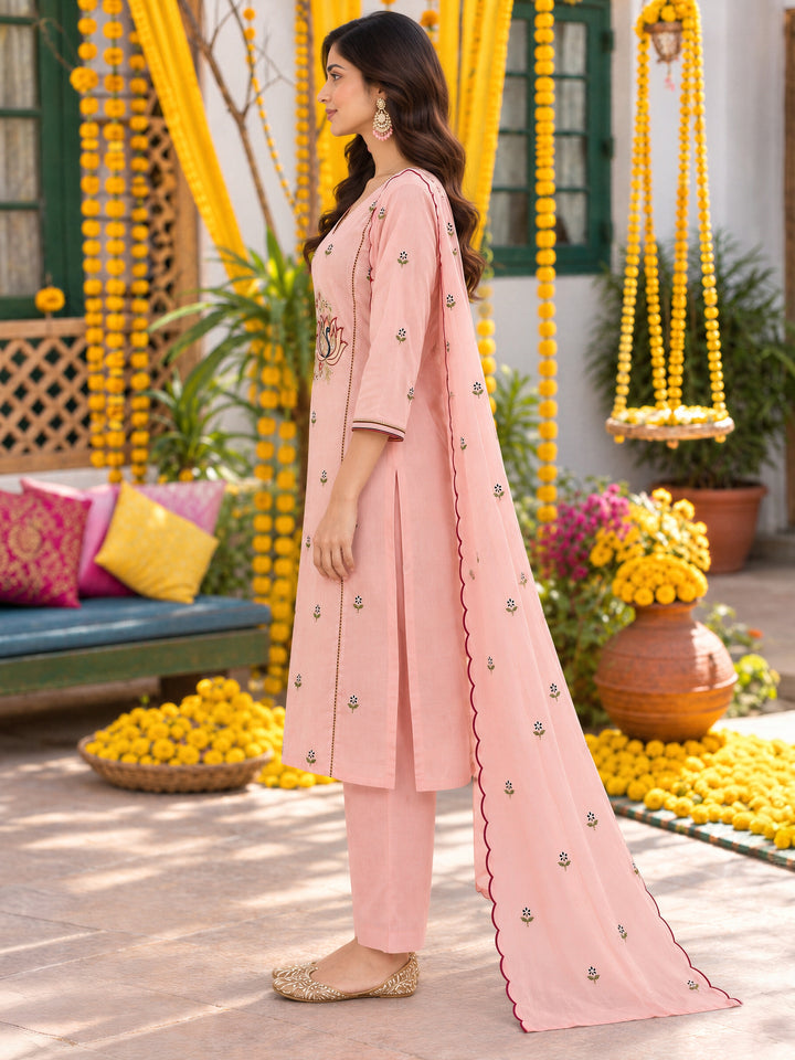 Peach Mul Chanderi Flared Kurta Pant Dupatta Set