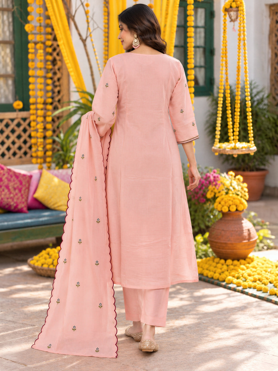 Peach Mul Chanderi Flared Kurta Pant Dupatta Set