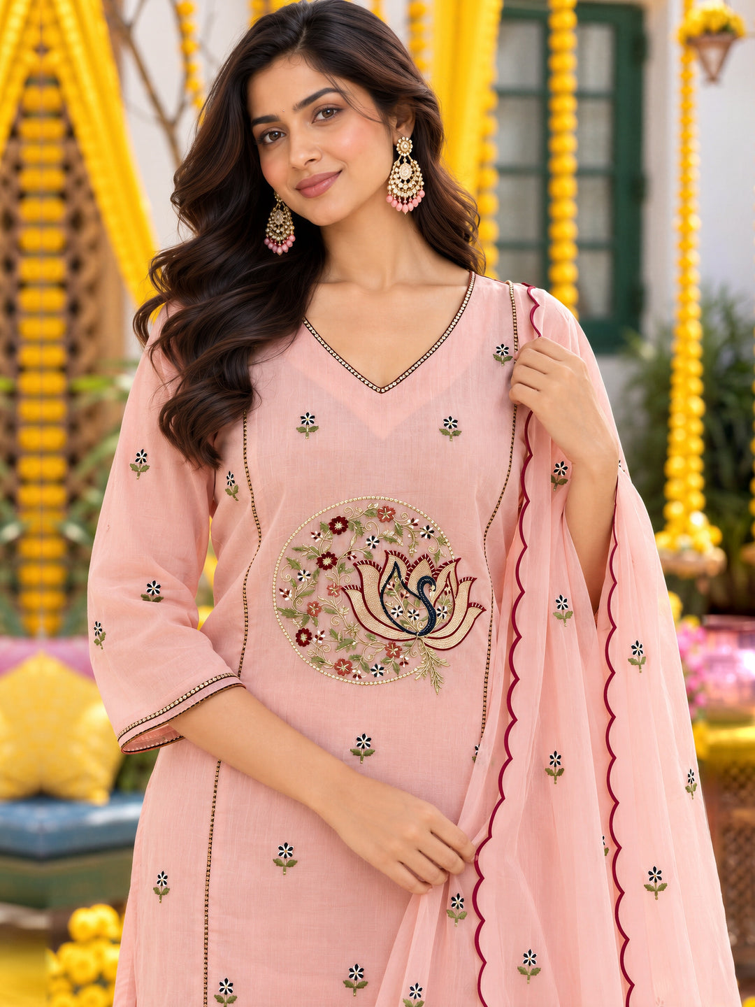 Peach Mul Chanderi Flared Kurta Pant Dupatta Set