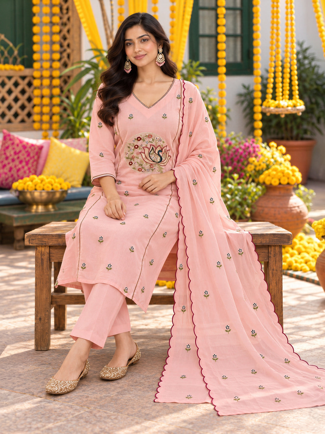 Peach Mul Chanderi Flared Kurta Pant Dupatta Set