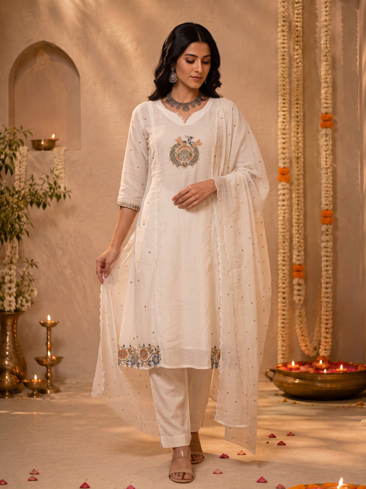 White Mul Chanderi Flared Kurta Pant Dupatta Set