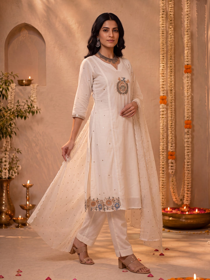 White Mul Chanderi Flared Kurta Pant Dupatta Set