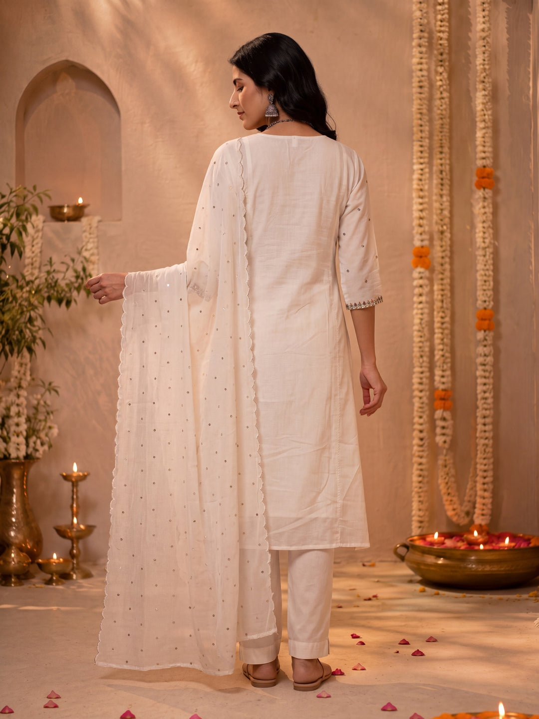 White Mul Chanderi Flared Kurta Pant Dupatta Set
