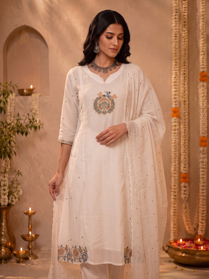 White Mul Chanderi Flared Kurta Pant Dupatta Set
