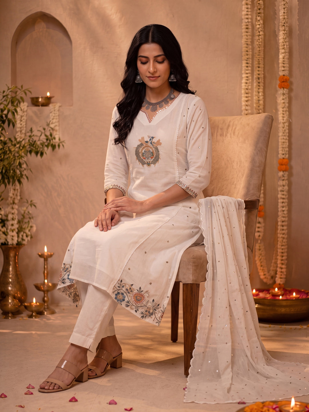 White Mul Chanderi Flared Kurta Pant Dupatta Set
