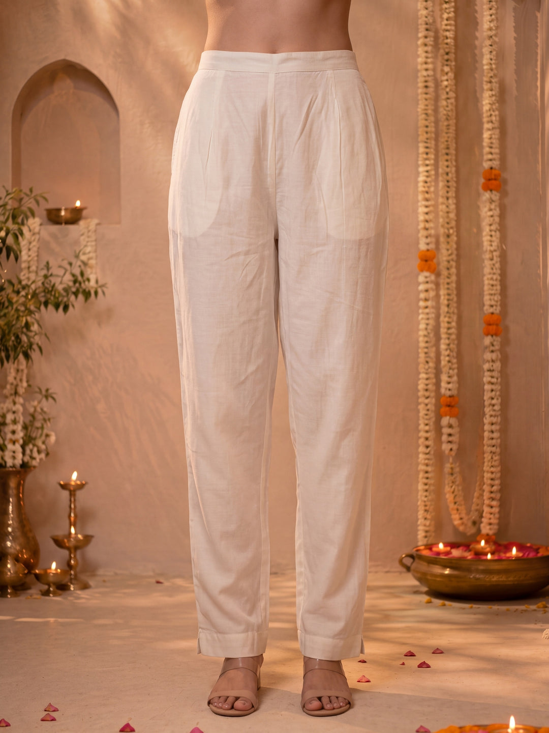 White Mul Chanderi Flared Kurta Pant Dupatta Set