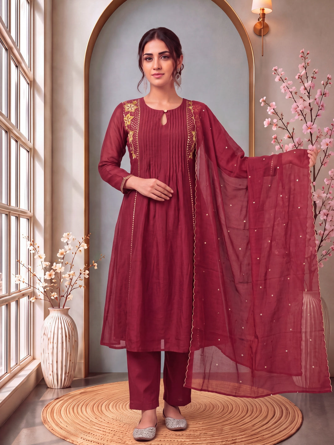 Red Mul Chanderi Pintuck Pleated Kurta Pant Dupatta Set