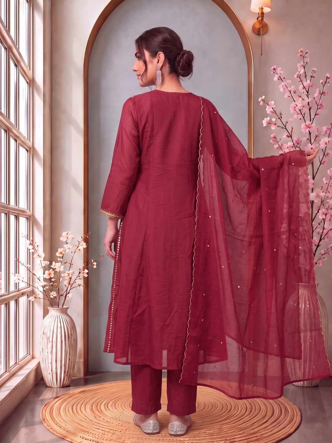 Red Mul Chanderi Pintuck Pleated Kurta Pant Dupatta Set