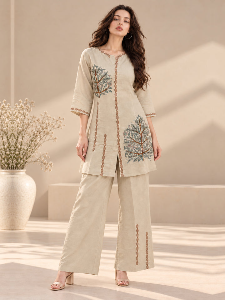 Beige Mul Chanderi Co-Ord Set
