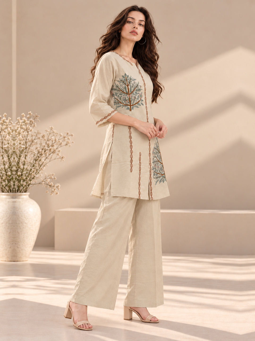 Beige Mul Chanderi Co-Ord Set