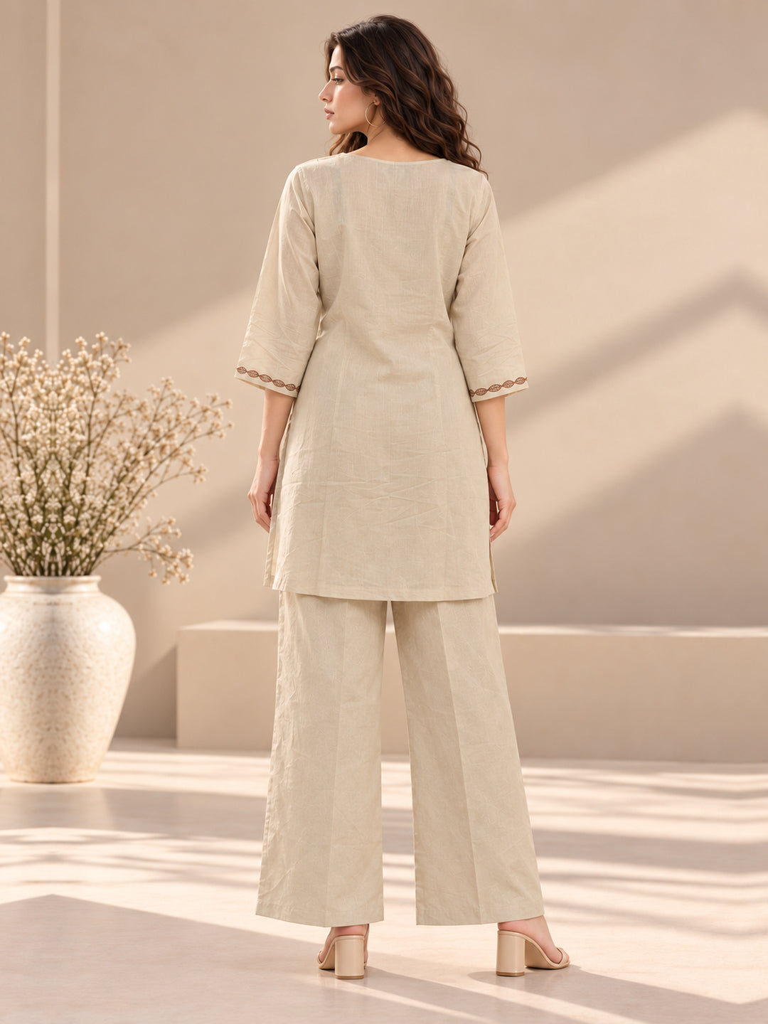 Beige Mul Chanderi Co-Ord Set