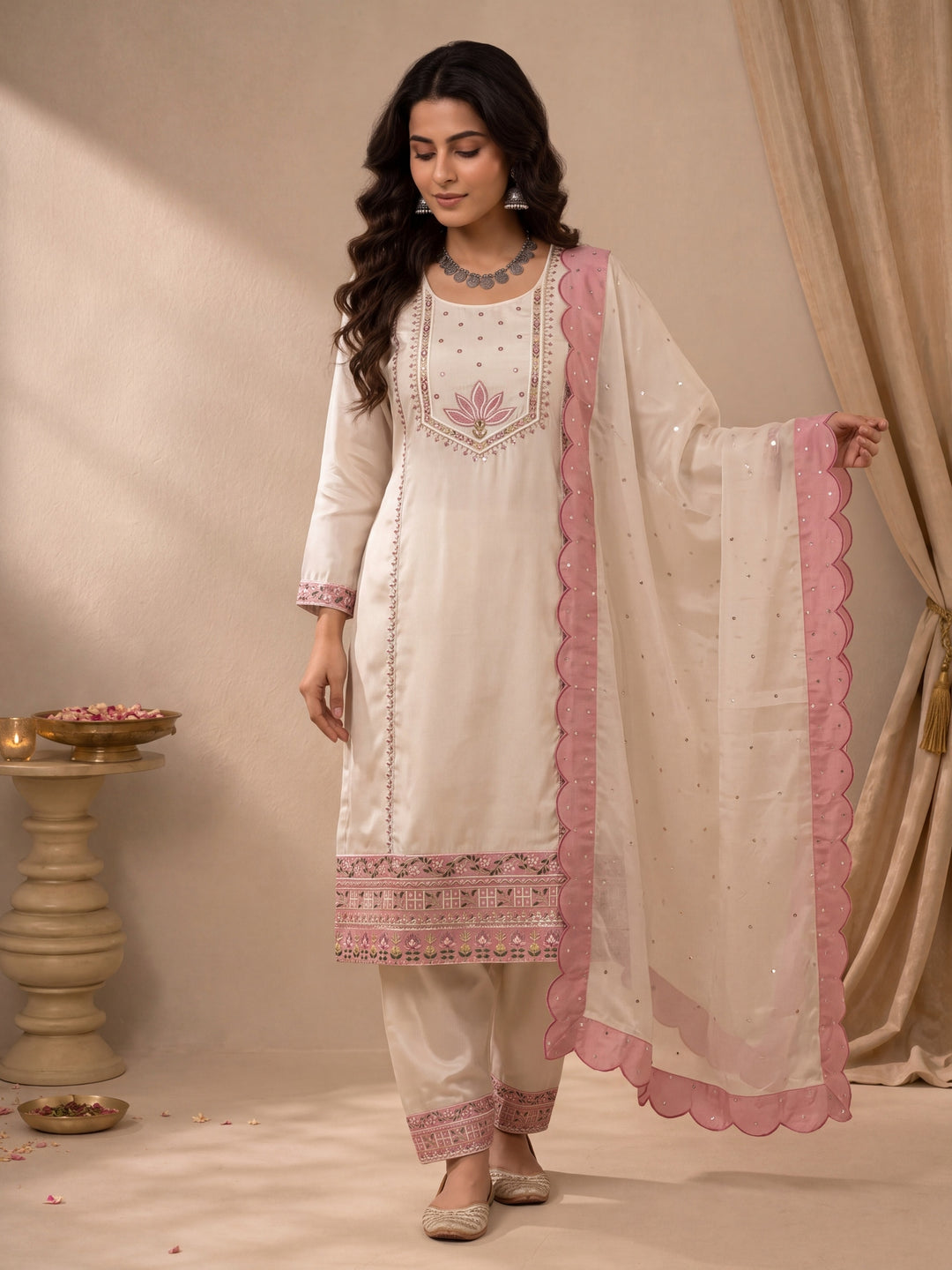 Beige Hot Silk Straight Kurta Salwar Dupatta Set