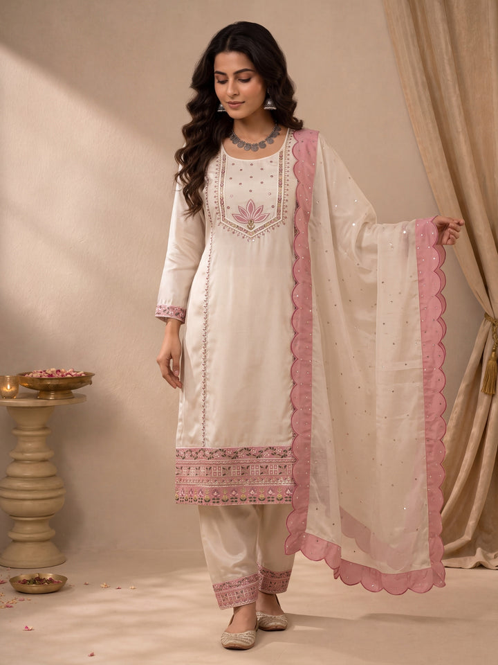 Beige Hot Silk Straight Kurta Salwar Dupatta Set
