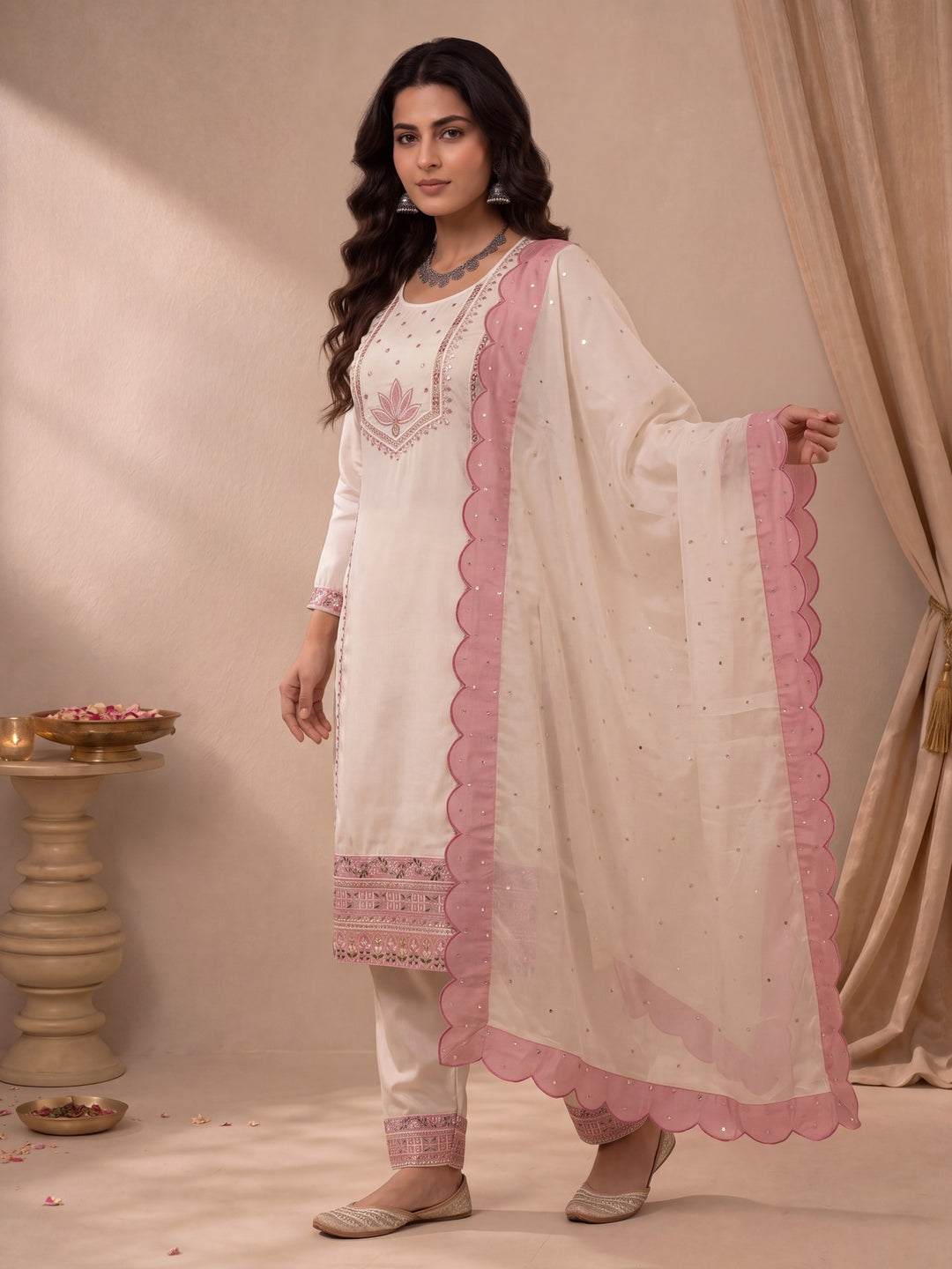 Beige Hot Silk Straight Kurta Salwar Dupatta Set
