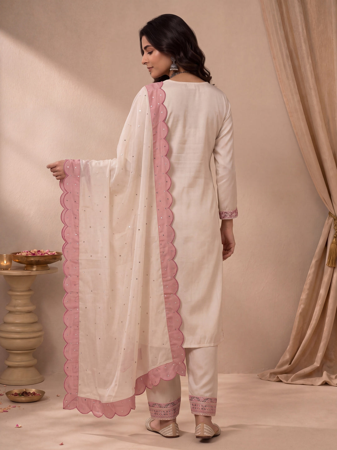 Beige Hot Silk Straight Kurta Salwar Dupatta Set