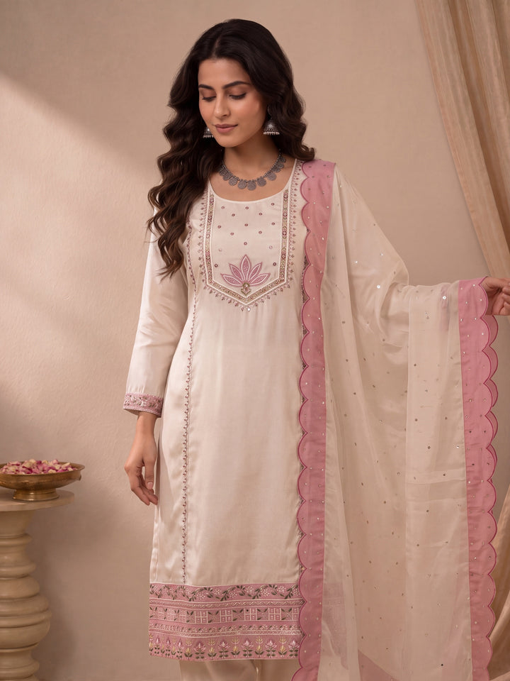 Beige Hot Silk Straight Kurta Salwar Dupatta Set
