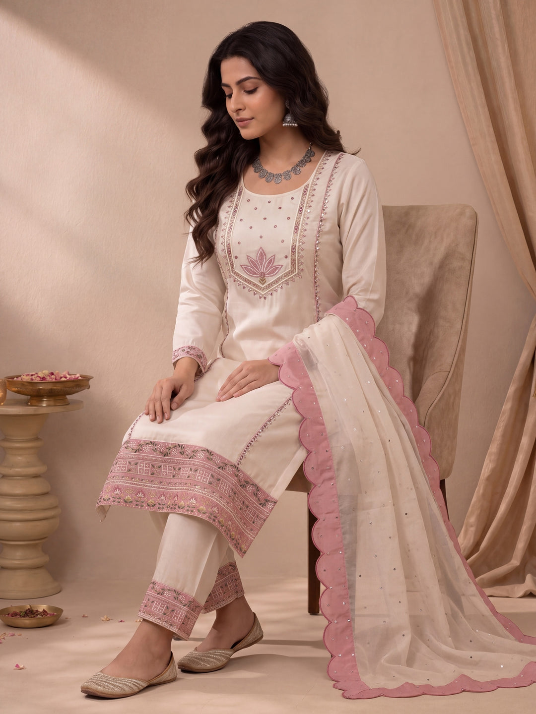 Beige Hot Silk Straight Kurta Salwar Dupatta Set