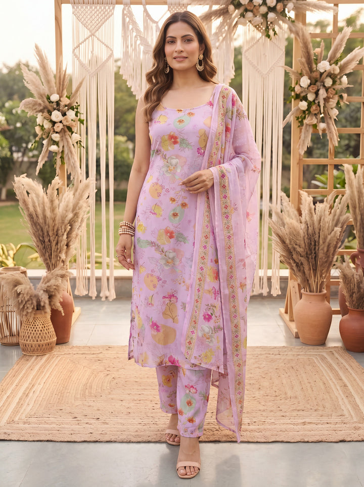 Pink Printed Slik Blend Kurta Dupatta Pant Set