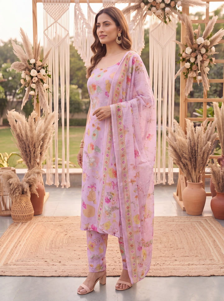Pink Printed Slik Blend Kurta Dupatta Pant Set