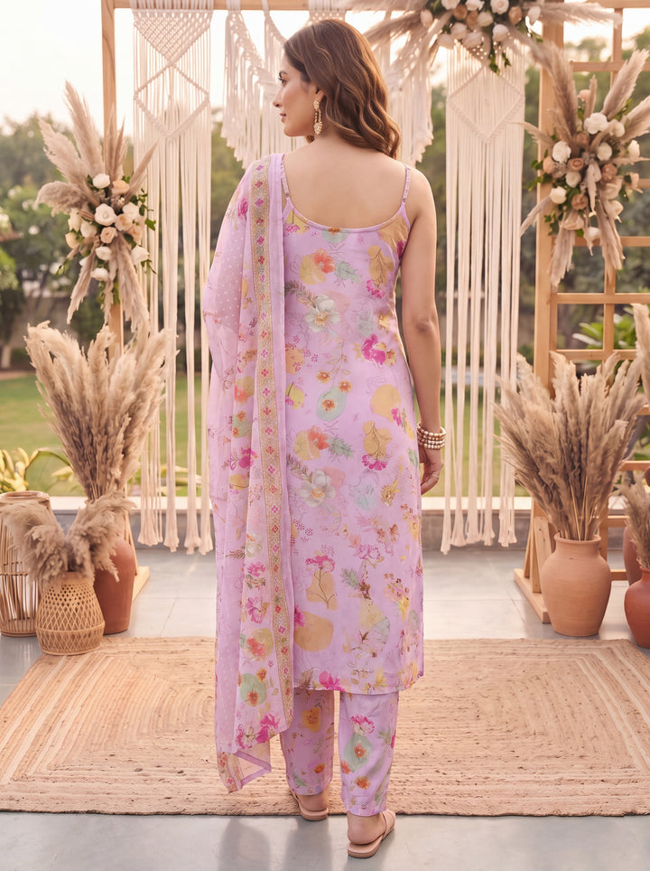 Pink Printed Slik Blend Kurta Dupatta Pant Set