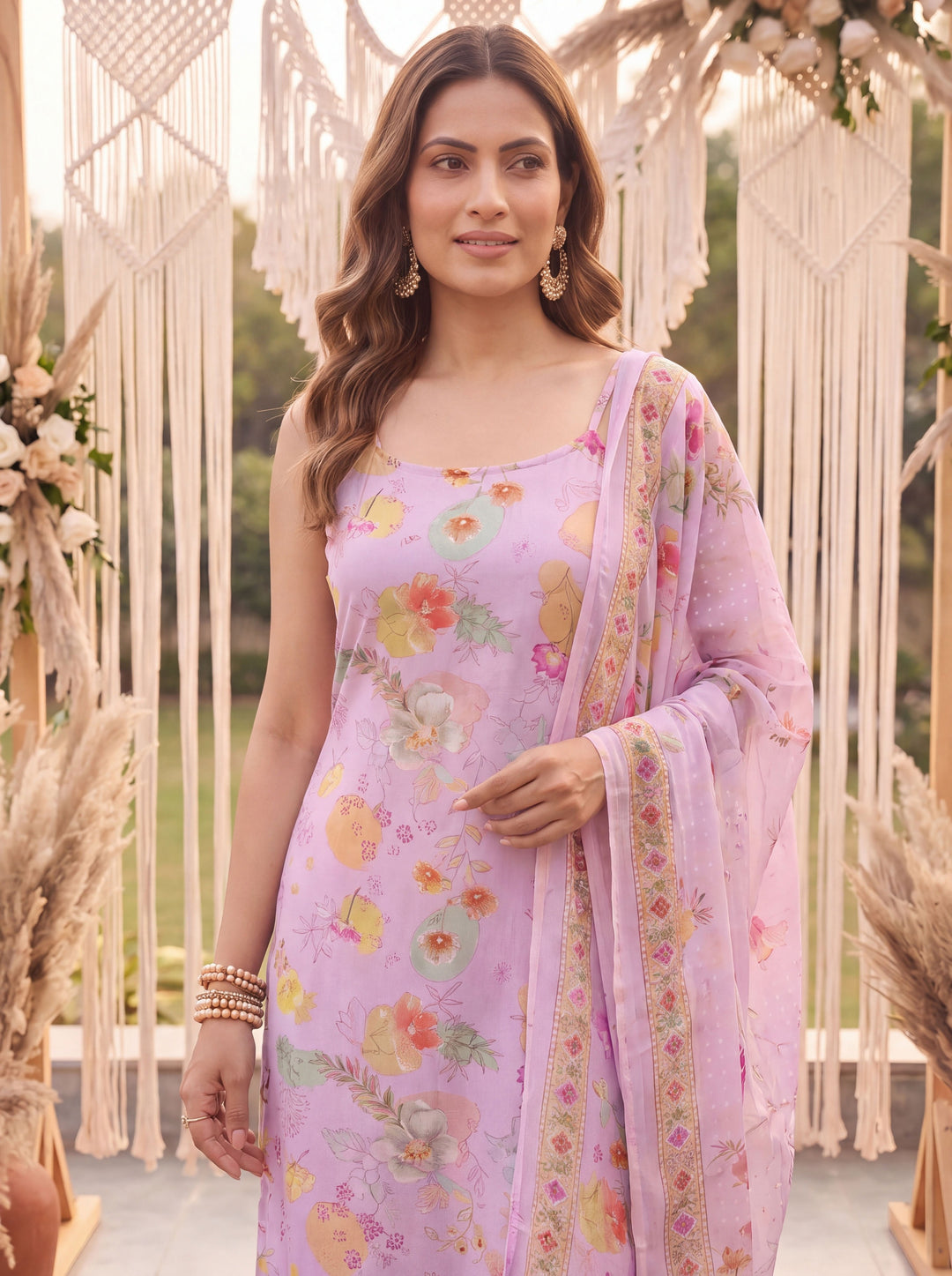 Pink Printed Slik Blend Kurta Dupatta Pant Set