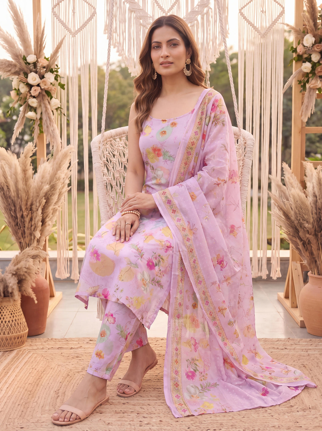 Pink Printed Slik Blend Kurta Dupatta Pant Set
