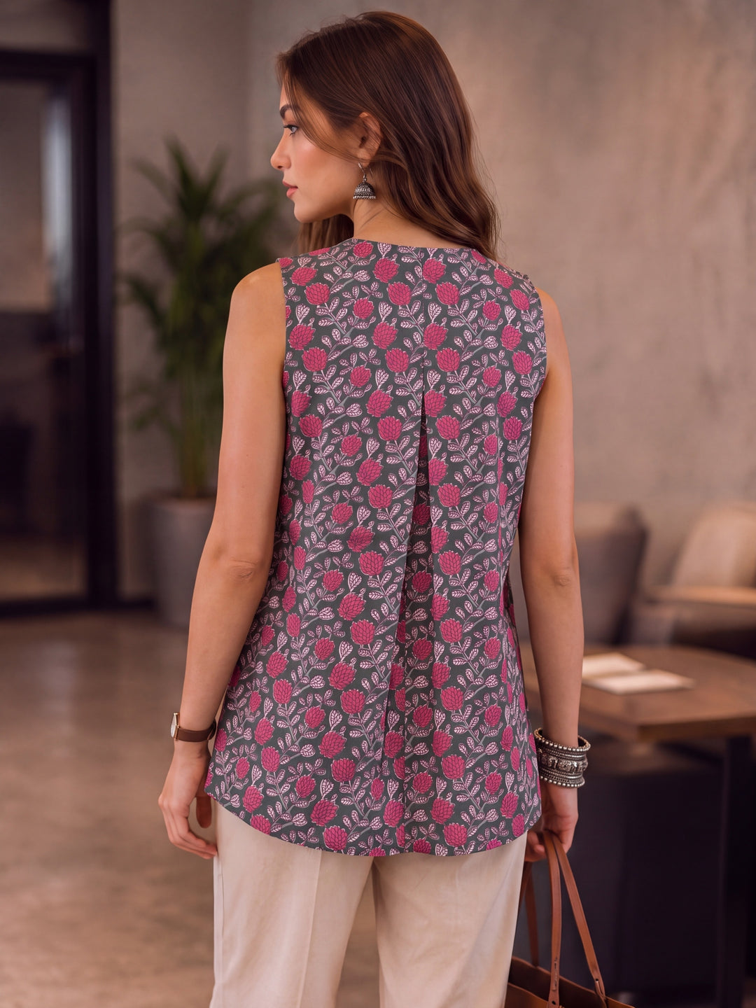 Grey Cotton Sleeveless Flare Regular Top