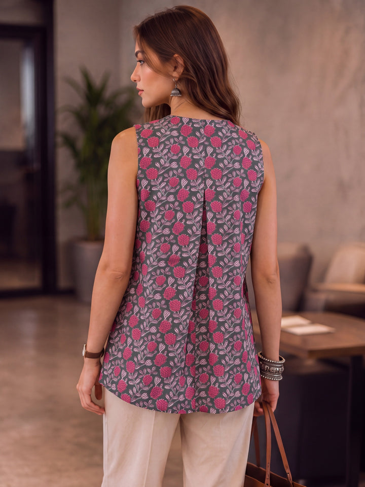 Grey Cotton Sleeveless Flare Regular Top