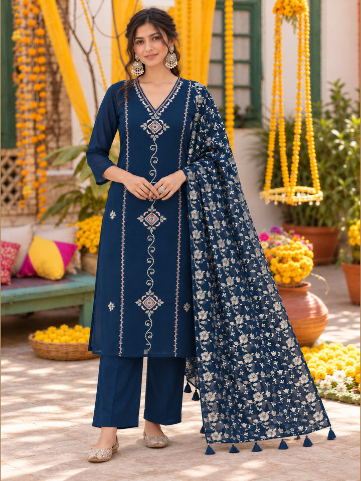 Mul Chanderi Teal Blue Straight Flared Kurta Pant Dupatta Set