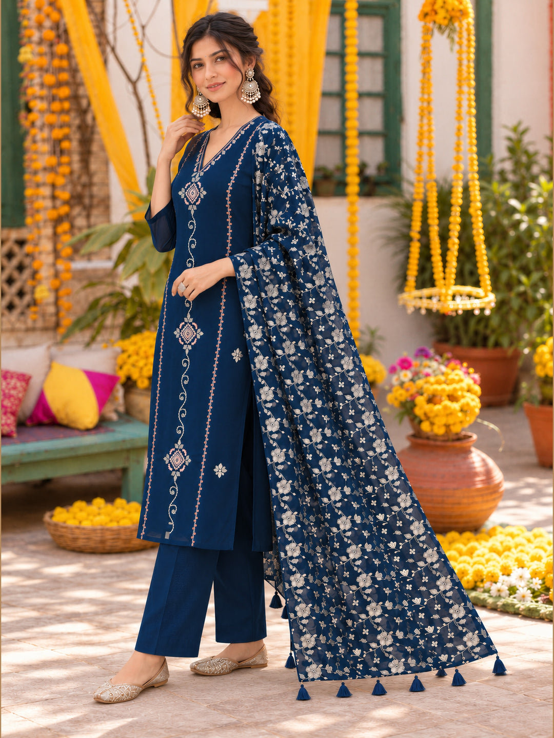 Mul Chanderi Teal Blue Straight Flared Kurta Pant Dupatta Set
