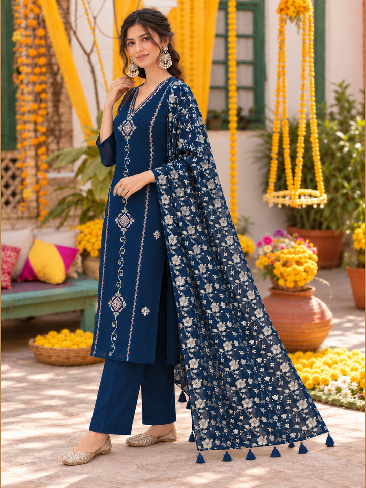 Mul Chanderi Teal Blue Straight Flared Kurta Pant Dupatta Set